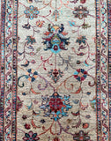 Handmade Afghan Chobi hall runner 309x84cm with sandy beige field, turquoise and muted crimson floral design. Elegant wool runner for hallway or entry.