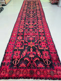 Red and black 5.2m long wool hand knotted Turkish hall runner rug