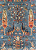 Decorative oversize 7m Long Persian hall runner rug with intricate patterns of birds, trees, and flowers on a blue background