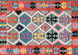 Colorful geometric patterned Afghan Kilim rug with a variety of shapes and colors.