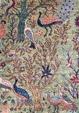 Decorative Afghan Chobi Hall Runner with peacocks, trees, and flowers on a green background