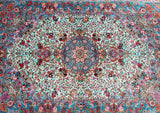 A hand-knotted pure silk Persian Qum rug with a central medallion featuring the French Roses design, in vibrant colors with traditional Persian patterns.