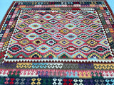 Almost square large room size handmade boho Kyber kilim rug 3x2.6m Shoparug