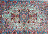 A hand-knotted pure silk Persian Qum rug with a central medallion featuring the French Roses design, in vibrant colors with traditional Persian patterns.