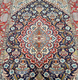 Close-up of a colorful handmade Turkish rug with intricate designs.